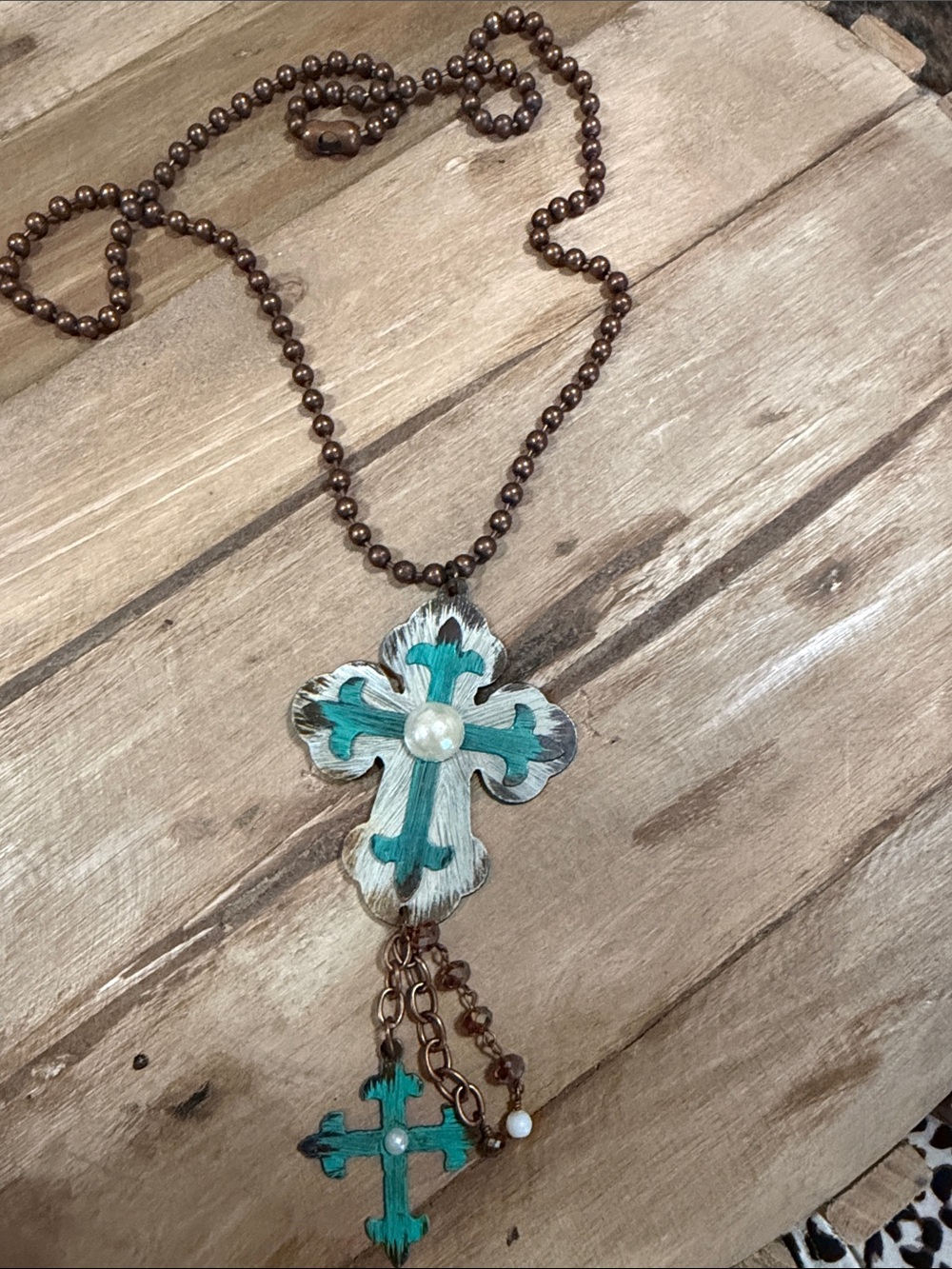Turquoise and Brown Double Cross Necklace with Pearl Accents